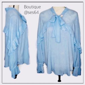 NWT Boho ice blue V-neck bow collar flowing top